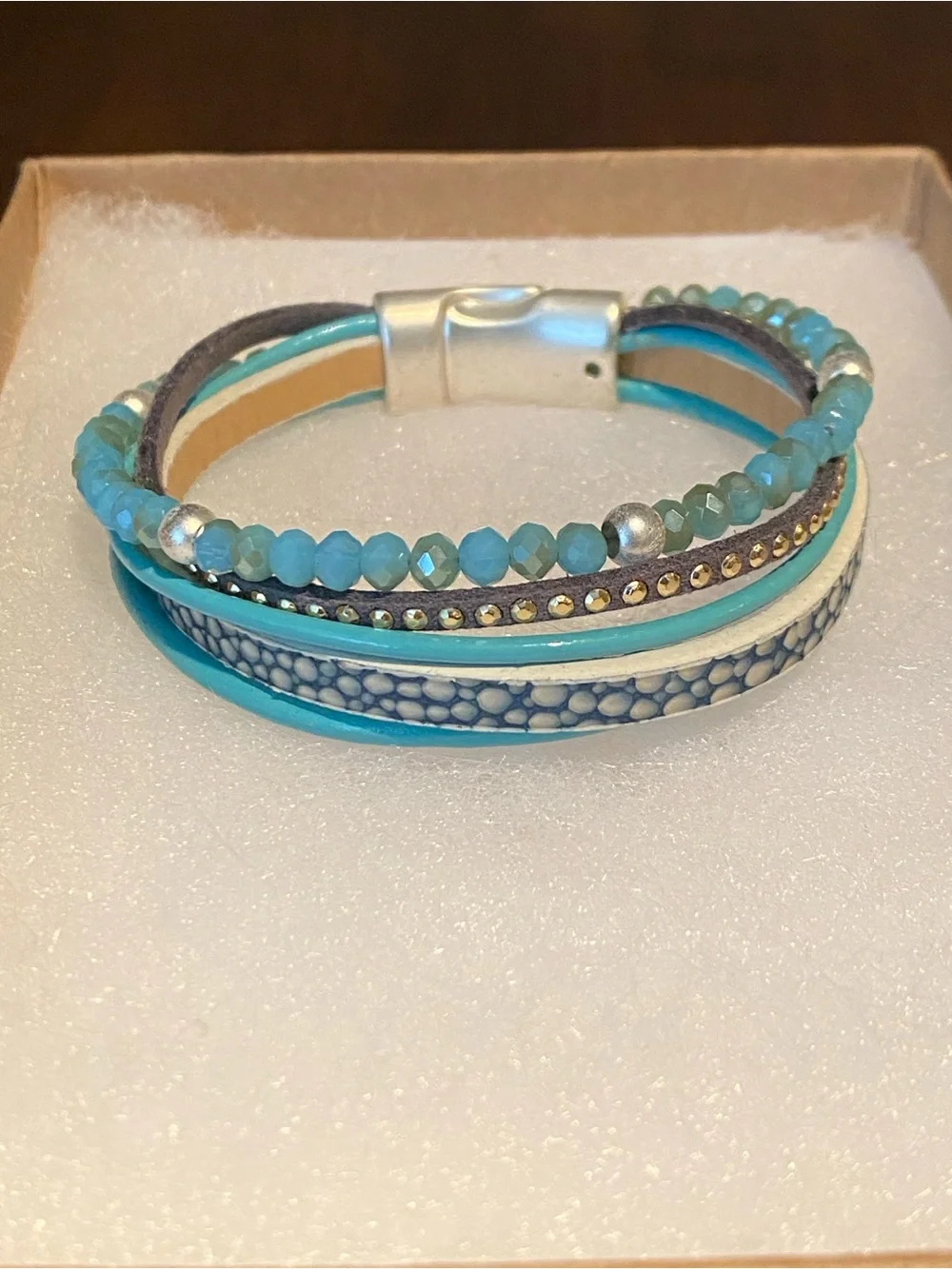 NWOT Turquoise Multi-Row Beaded & Leather Wrap Bracelet